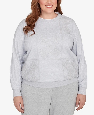 Alfred Dunner Plus Casual Vibe Embroidered Patchwork Long Sleeve Top
