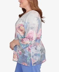 Alfred Dunner Plus Casual Vibe Floral Brushstroke Beaded Split Neck Top
