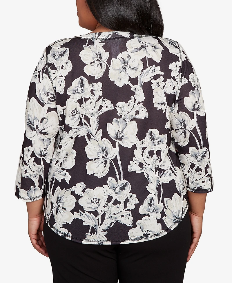 Alfred Dunner Plus Jet Setter Dynamic Floral Vintage Watercolor Top