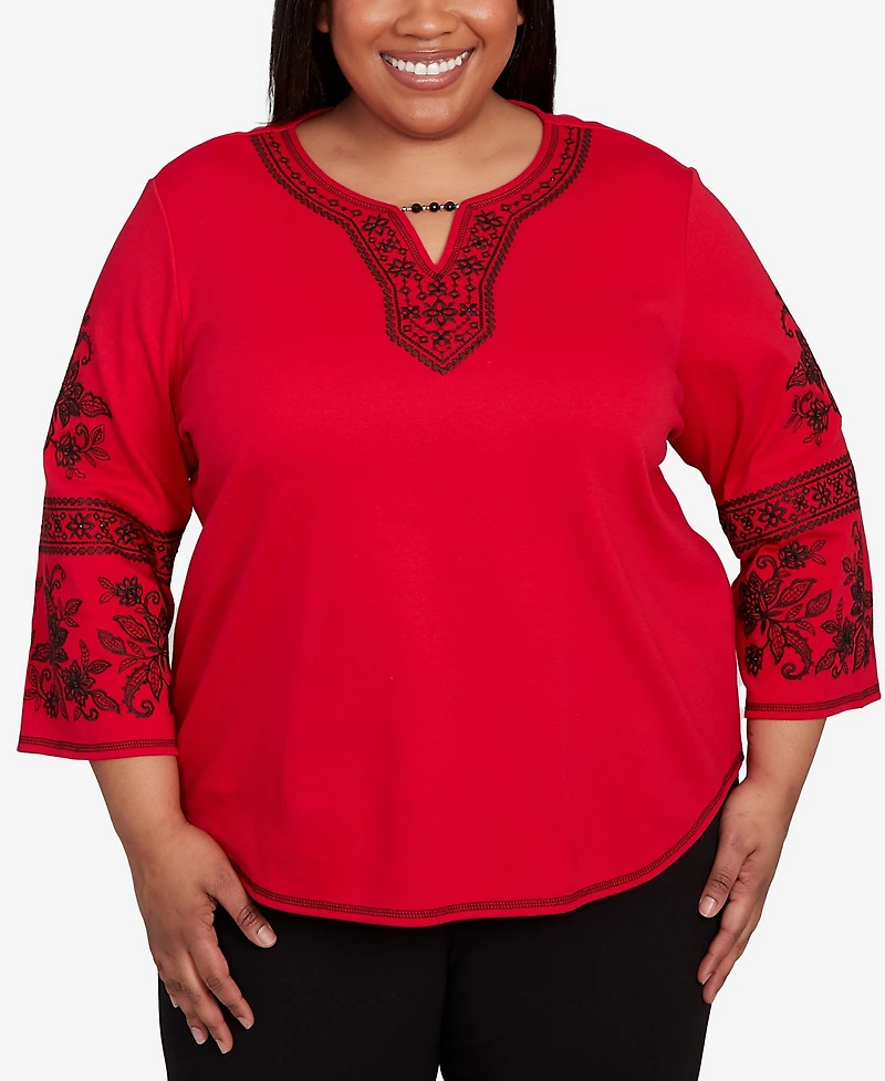 Alfred Dunner Plus Jet Setter Knit Embroidered Sleeve Beaded Split Neck Top
