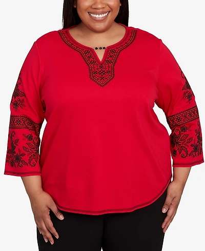 Alfred Dunner Plus Jet Setter Knit Embroidered Sleeve Beaded Split Neck Top