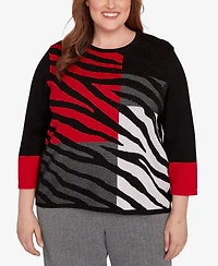 Alfred Dunner Plus Jet Setter Zebra Colorblock Long sleeve Sweater