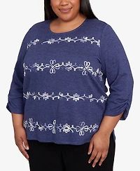 Alfred Dunner Plus Lake Champlain Embroidered Scroll Ruched Sleeve Top
