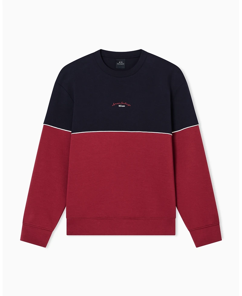 A|X Armani Exchange Men's Color Block Embroidered Center Logo Crewneck Hoodie