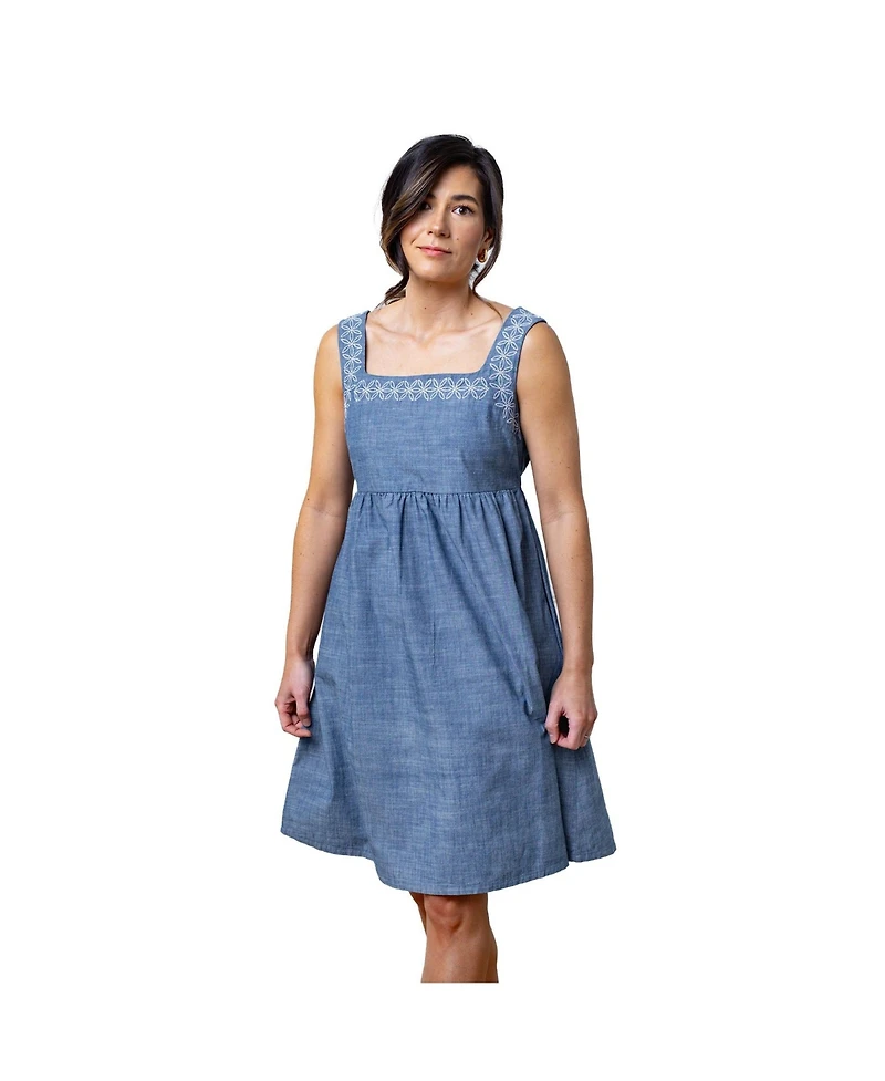 Hope & Henry Women's Organic Sleeveless Chambray Dress with Embroidery