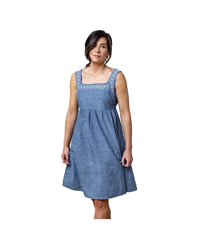 Hope & Henry Women's Organic Sleeveless Chambray Dress with Embroidery