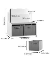 Jujabu Kids White and Gray Wooden Bookshelf with Book Display Shelf and 2 Fabric Bins, Cute Bear-Shaped Backboard