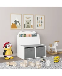 Jujabu Kids White and Gray Wooden Bookshelf with Book Display Shelf and 2 Fabric Bins, Cute Bear-Shaped Backboard