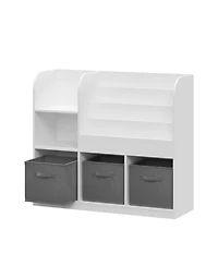 Jujabu 36 in. Wide White/Gray Multifunctional Kids Bookcase and Bookshelf with 3 Collapsible Fabric Drawers Bookcase Display Stand