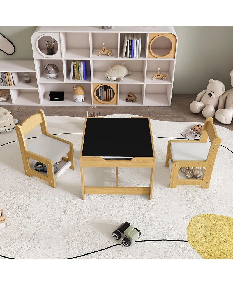 Jujabu Natural Wood 3-in-1 Kids Study Table and Chairs Set with Detachable Blackboard Top for Drawing