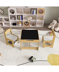 Jujabu Natural Wood 3-in-1 Kids Study Table and Chairs Set with Detachable Blackboard Top for Drawing