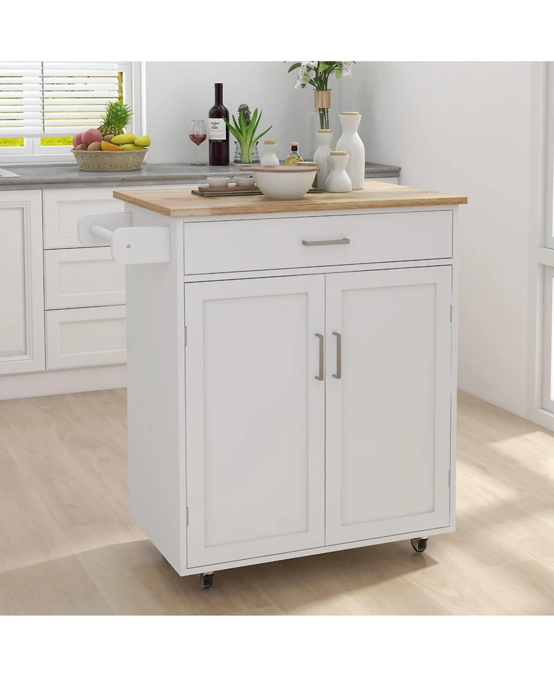 Casainc Kitchen Island Cart with Rubber Wood Top, Adjustable Shelves and Towel Rack
