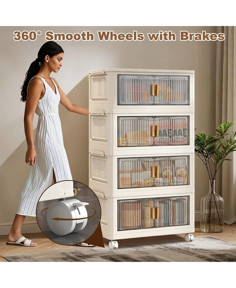 gaomon Stackable Storage Bins With Lids, 4-Tier Folding Storage Box,With Doors and Wheels, Collapsible Plastic Storage Bins- for Clothing, Toys