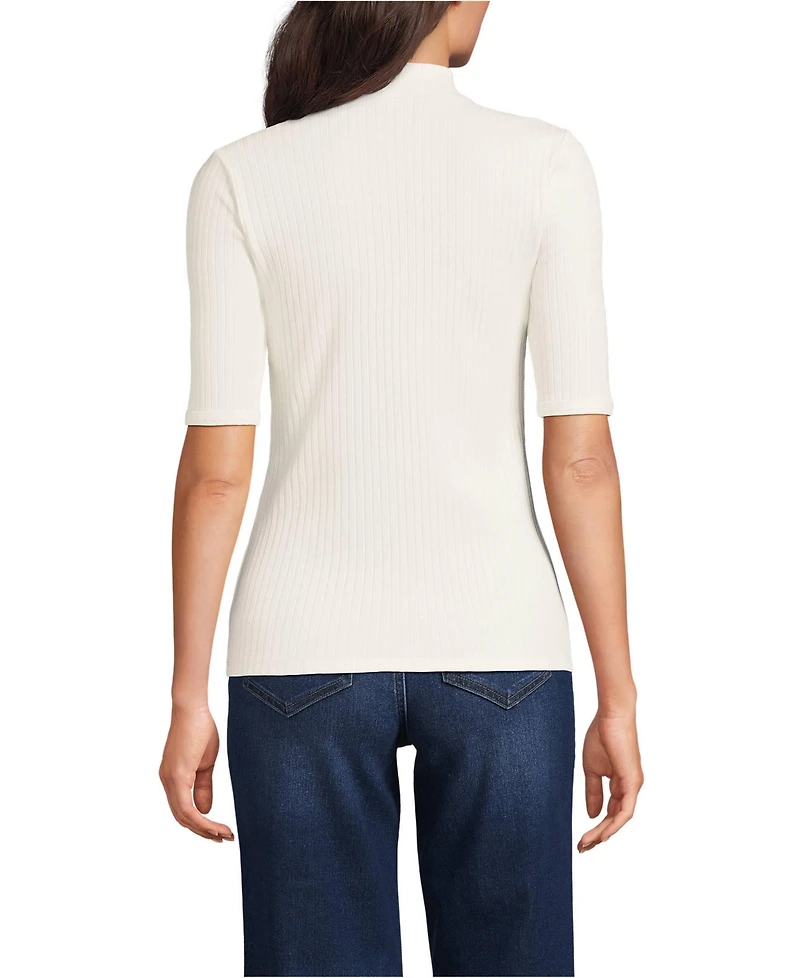 Lands' End Women's Elbow Sleeve Pointelle Rib Mock Neck