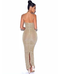 Miss Circle Women The Glint Gold Ruched Chiffon Long Maxi Dress