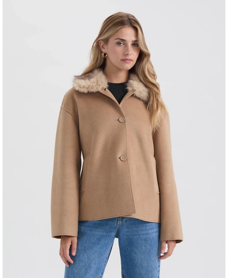 Ellen Tracy Women's Short Faux Wool Jacket with Detachable Faux Fur Collar