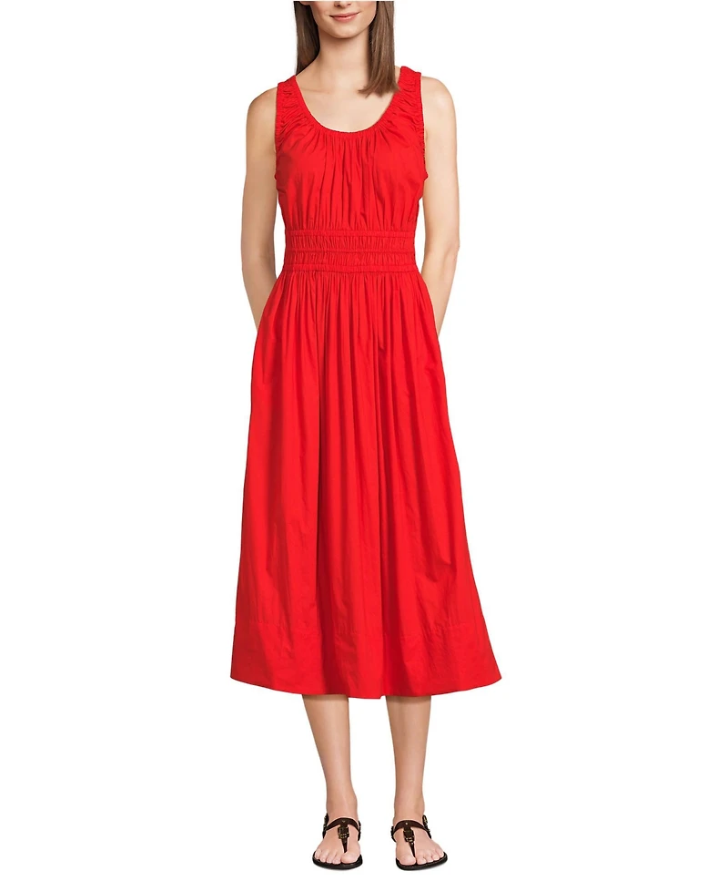 Lands' End Women's Sleeveless Poplin Smocked Midi Dress