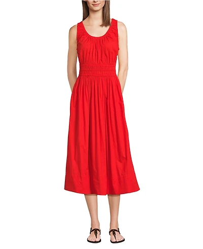 Lands' End Women's Sleeveless Poplin Smocked Midi Dress