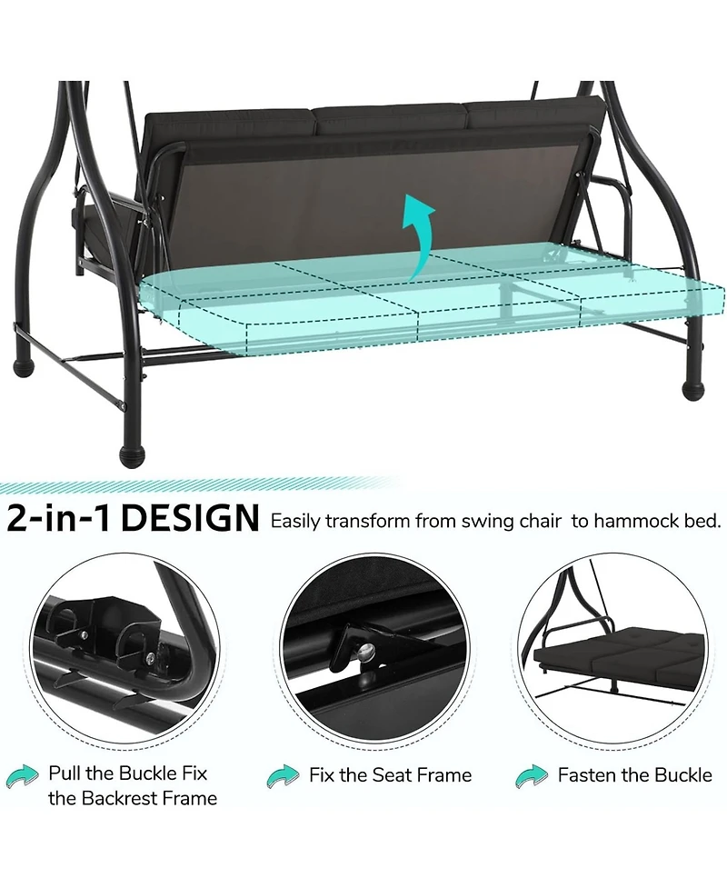 Aecojoy 3 Seats Porch Swing Chair with Adjustable Backrest & Canopy
