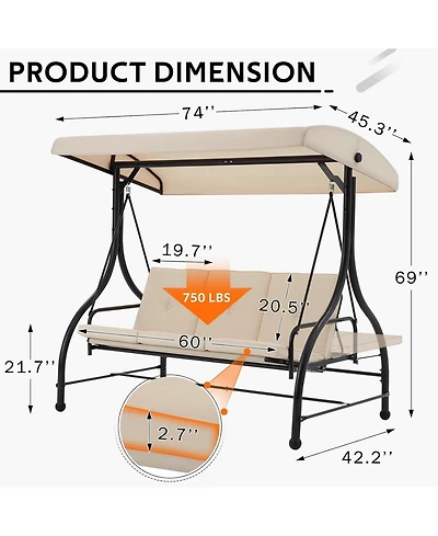 Aecojoy 3 Seats Porch Swing Chair with Adjustable Backrest & Canopy