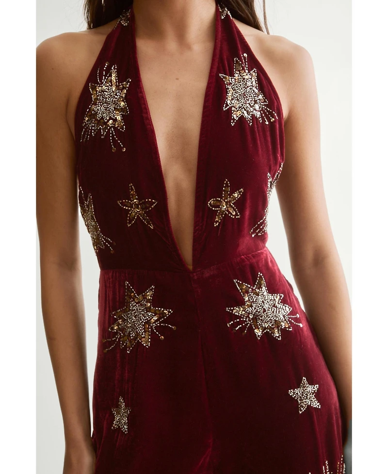 Nasty Gal Women's Star Embellished Velvet Halter Jumpsuit