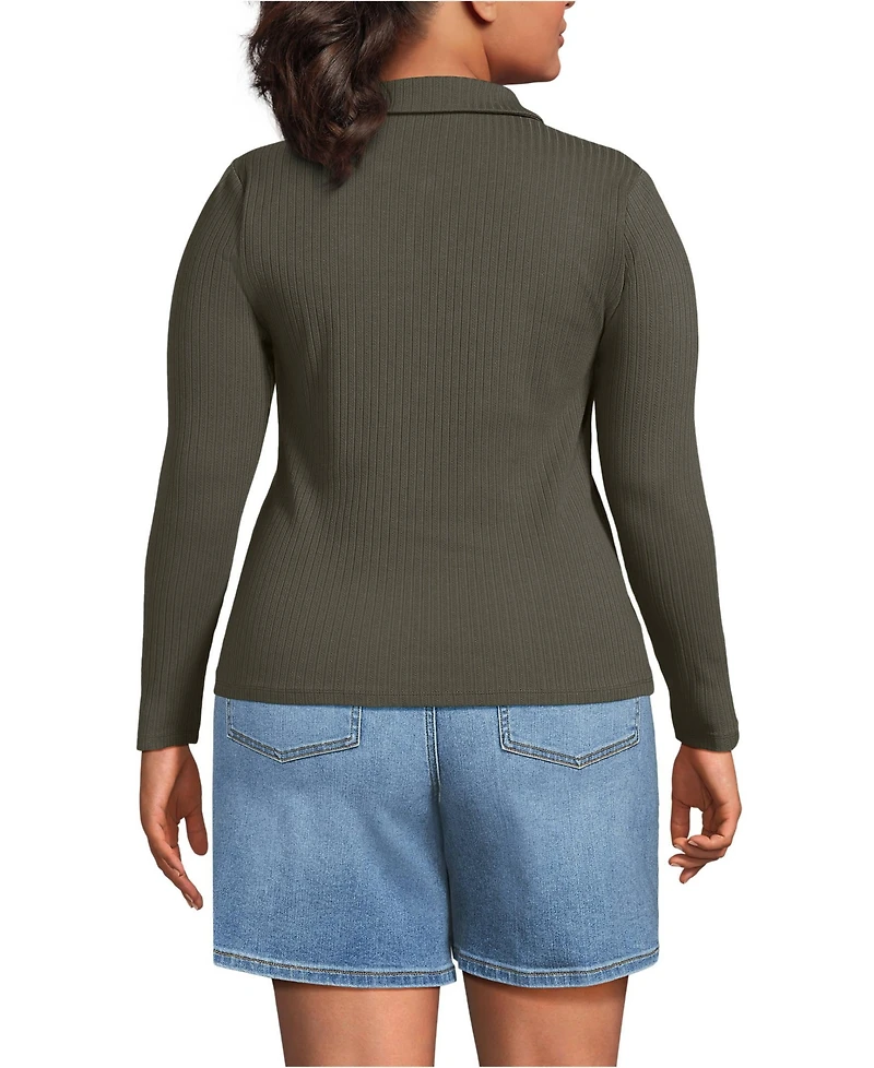 Lands' End Plus Long Sleeve Pointelle Rib Keyhole Polo Top