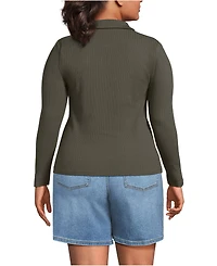 Lands' End Plus Long Sleeve Pointelle Rib Keyhole Polo Top