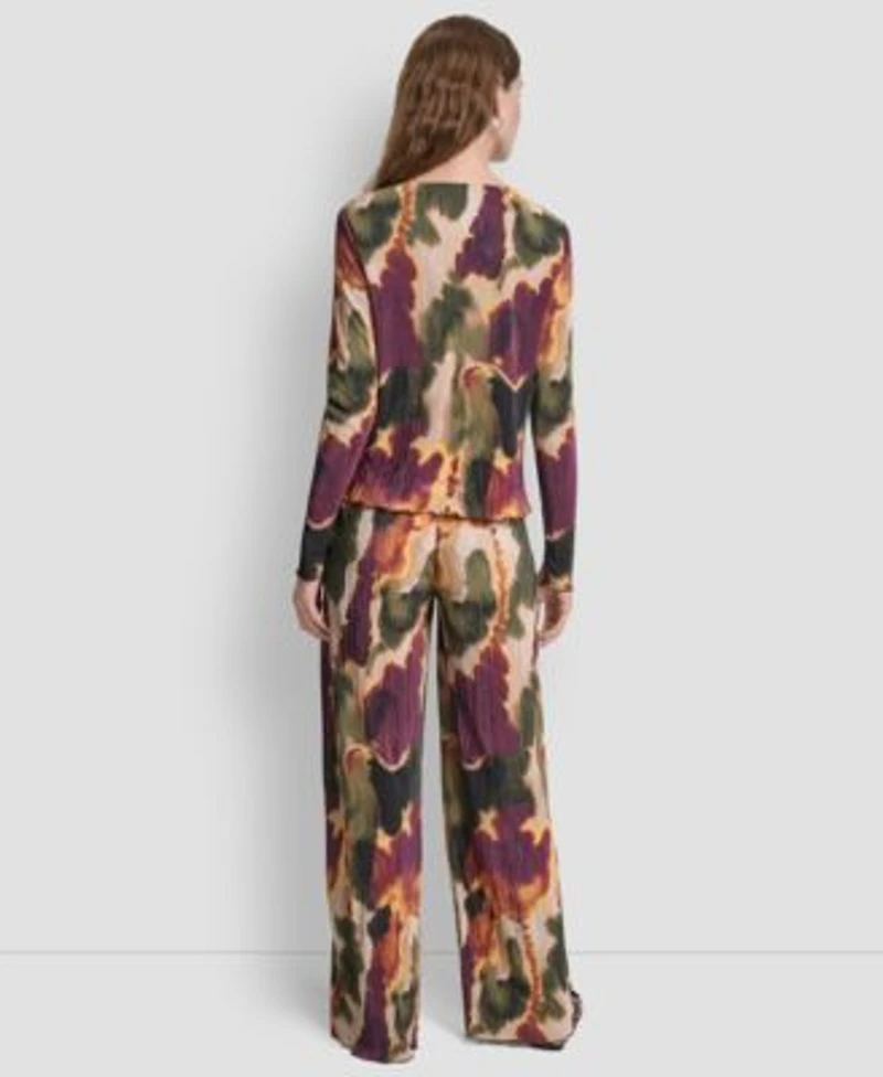 Dkny Womens Long Sleeve Printed Plisse Boat Neck Blouse Wide Leg Pants