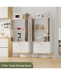 gaomon Fluted Glass Door Storage Cabinet w/Adjustable Shelves & 2 Drawers | White Contemporary Display Unit for Kitchen Pantry or Living Room Storage