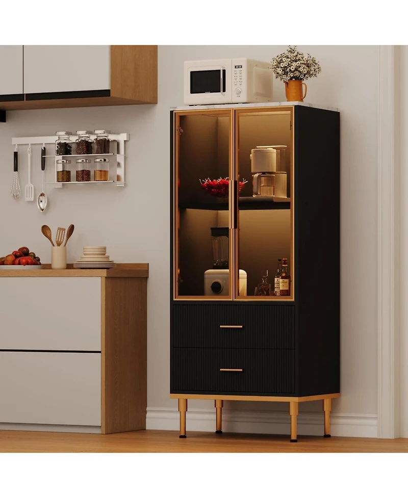 Fluted Glass Door Storage Cabinet w/Adjustable Shelves & 2 Drawers |Black Contemporary Display Unit for Kitchen Pantry or Living Room Storage