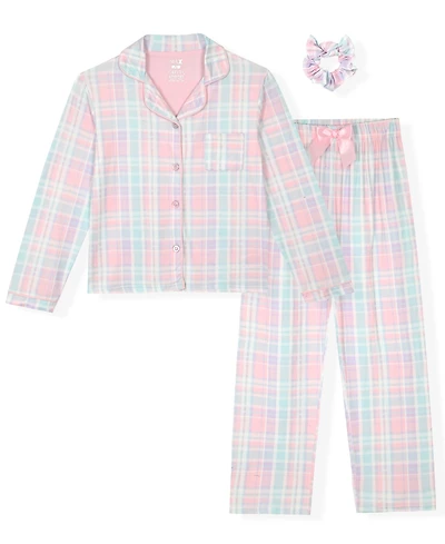 Max & Olivia Little and Big Girls 3-Piece Plaid Coat, Pants Scrunchie Pajama Set