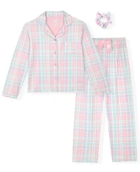 Max & Olivia Little and Big Girls 3-Piece Plaid Coat, Pants Scrunchie Pajama Set