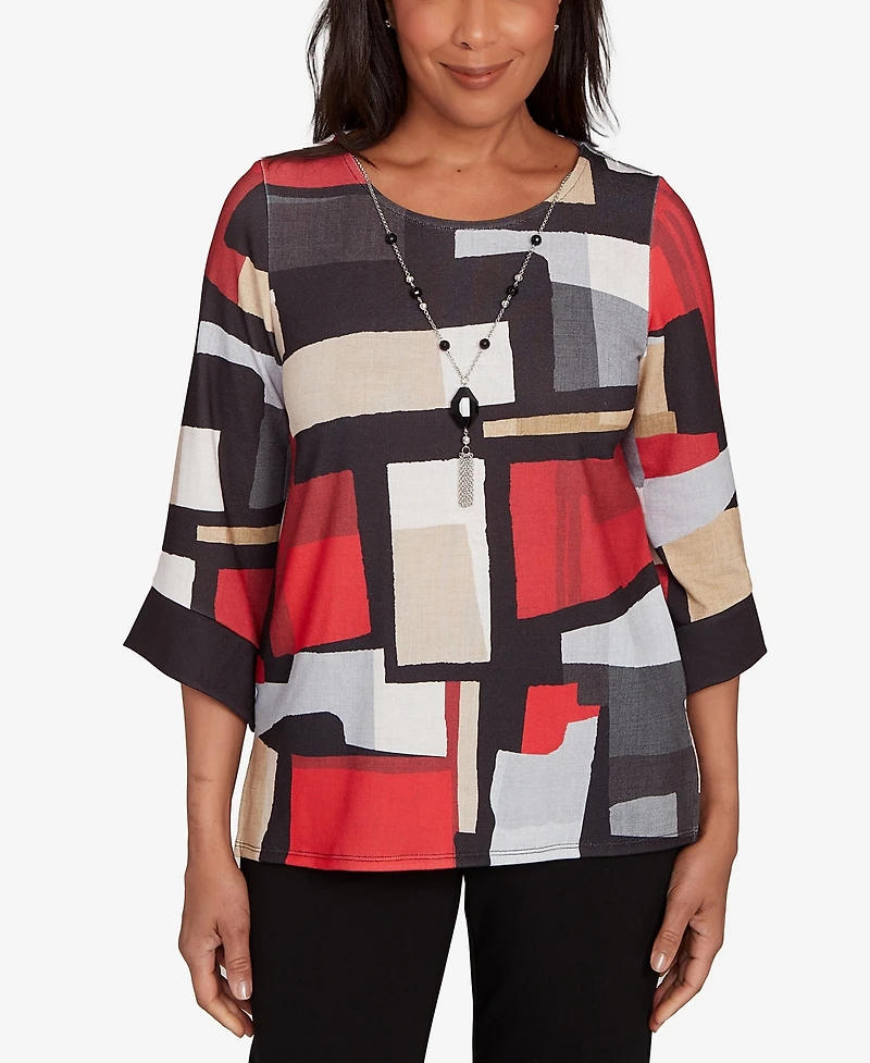 Alfred Dunner Jet Setter Knit Colorblock Top With Necklace
