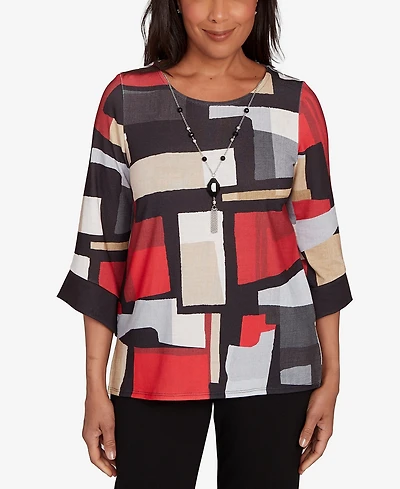 Alfred Dunner Jet Setter Knit Colorblock Top With Necklace