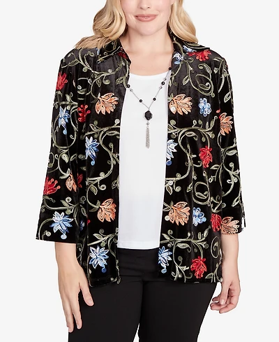Alfred Dunner Jet Setter Rich Velvet Floral Two One Top With Necklace