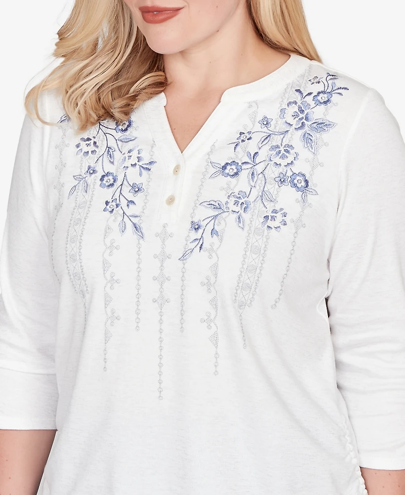 Alfred Dunner Women's Casual Vibe Geometric Floral Ruched Henley Top