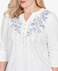 Alfred Dunner Women's Casual Vibe Geometric Floral Ruched Henley Top