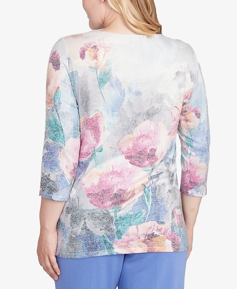 Alfred Dunner Casual Vibe Floral Brushstroke Beaded Split Neck Top