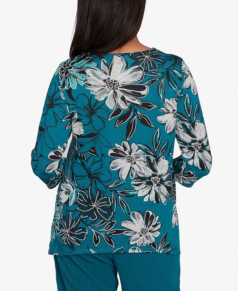 Alfred Dunner Lake Champlain Floral Printed Beaded Neck Top