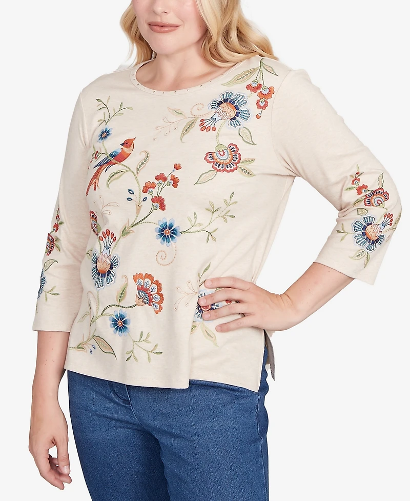 Alfred Dunner Sunset Canyon Allover Floral Embroidered Crew Neck Top