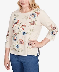Alfred Dunner Sunset Canyon Allover Floral Embroidered Crew Neck Top