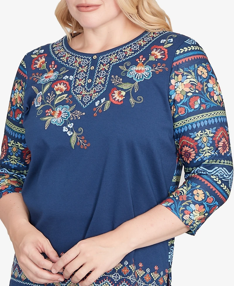 Alfred Dunner Sunset Canyon Printed Sleeve Floral Embroidered Top