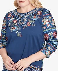 Alfred Dunner Sunset Canyon Printed Sleeve Floral Embroidered Top