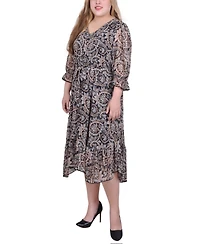 Ny Collection Plus 3/4 Sleeve V-Neck Flounced Dress