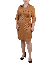 Ny Collection Plus Belted Roll Tab Zip Front Shirtdress