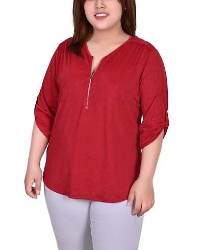 Ny Collection Plus 3/4 Roll Tab Zip Front Jacquard Knit Top