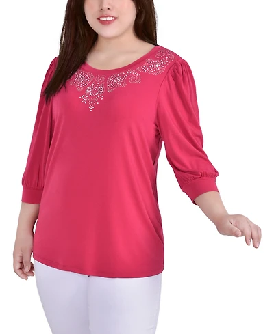 Ny Collection Plus 3/4 Sleeve Stone Detail Top