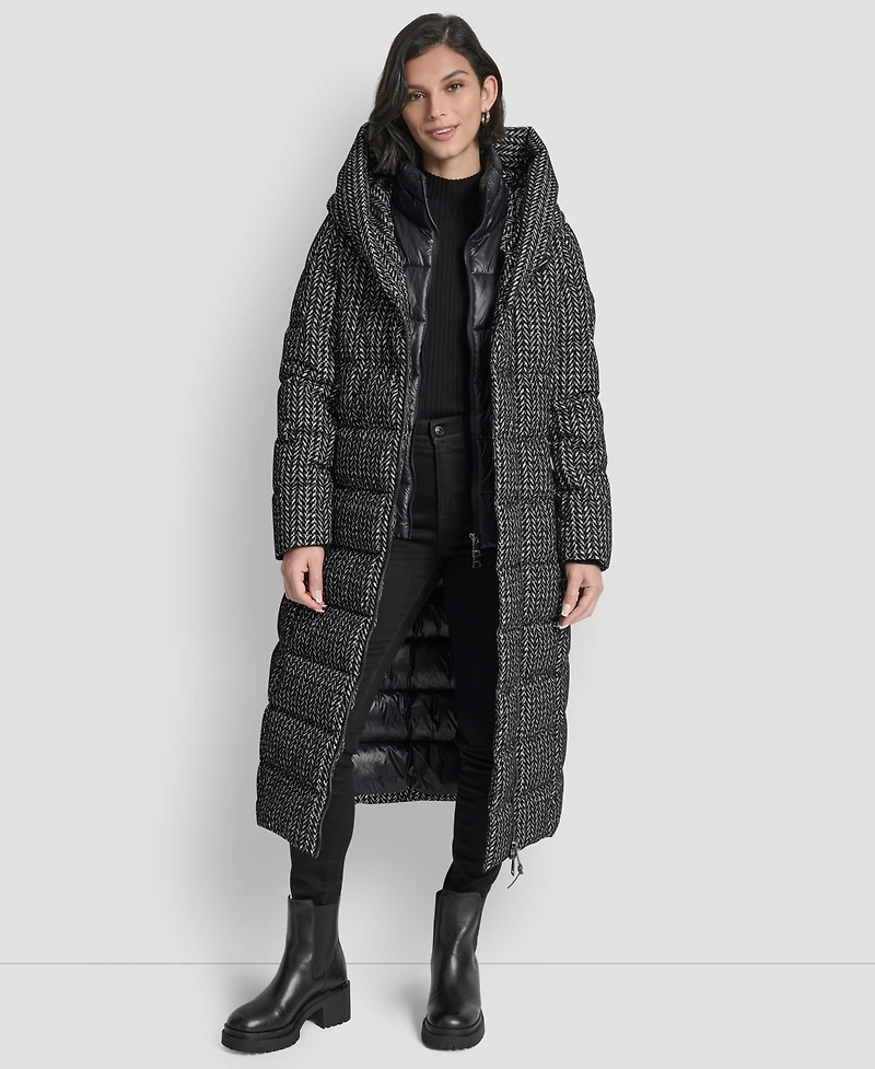 Dkny Women's Bibbed Shawl Collar Hooded Puffer Coat