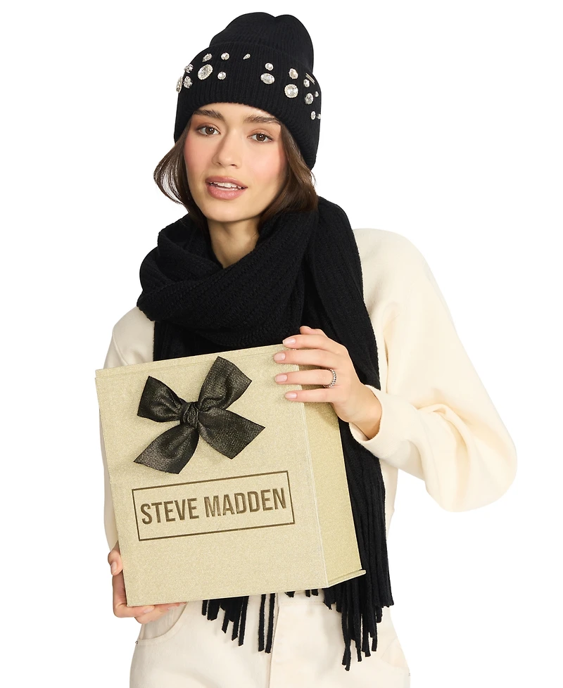 Steve Madden Women's Embellished Beanie and Knit Scarf Holiday Gift Set, 2-Piece