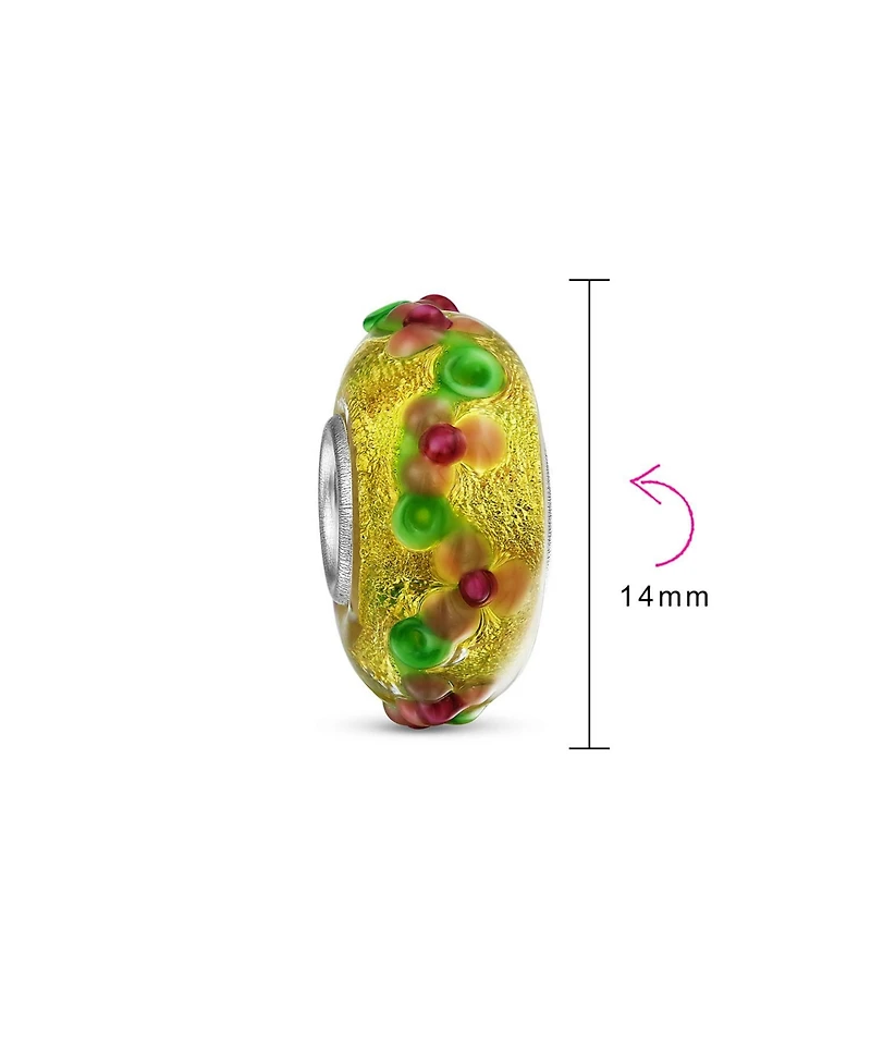 Bling Jewelry Set of 2 Multi-Color Gold Foil Murano Glass Charm Bead 3D Lampwork Flower Silver